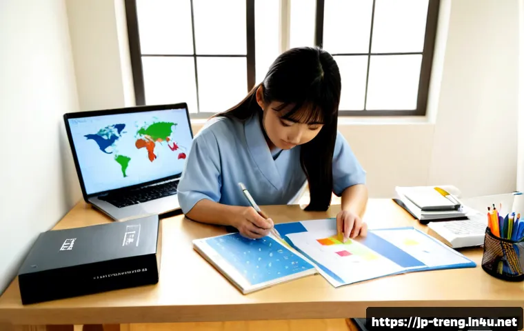 무역영어 시험 대비 커리큘럼 제작 - Photorealistic Japanese university student creating a trade English exam study curriculum at a tidy ...