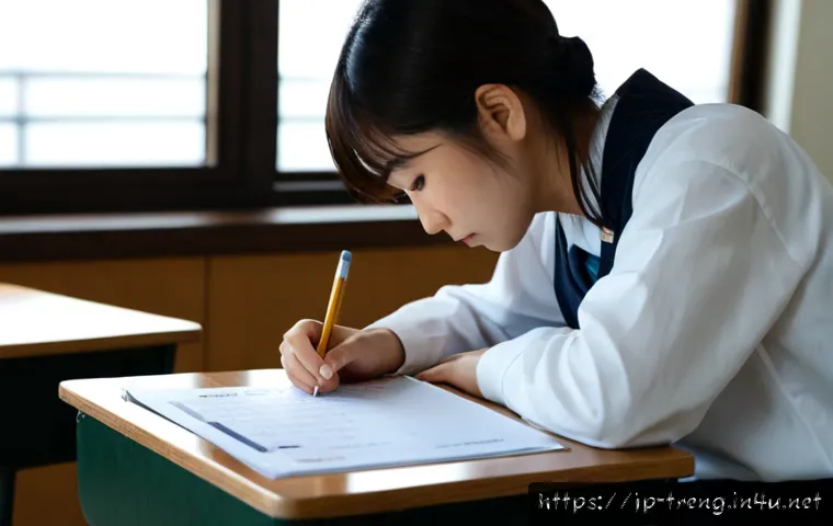 무역영어 시험과 무역 실무의 차이 - Photorealistic quiet examination setting in Japan, a focused young adult seated at a clean desk solv...