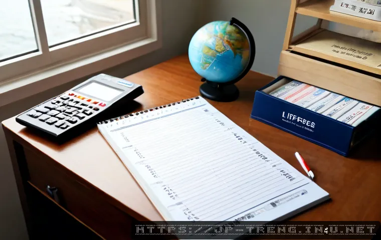 무역영어 필기시험 대비 체크리스트 - Photorealistic study desk for international trade English exam preparation, neatly arranged blank ch...